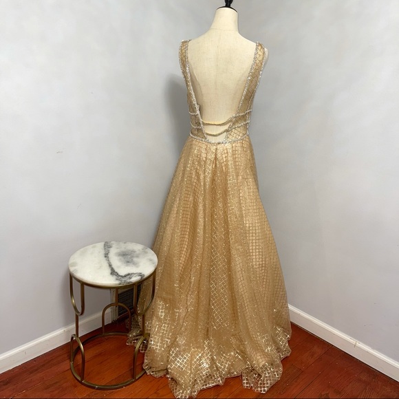 # Mac Duggal Gold Sequin Illusion Neck A Line Gown - Picture 9 of 17
